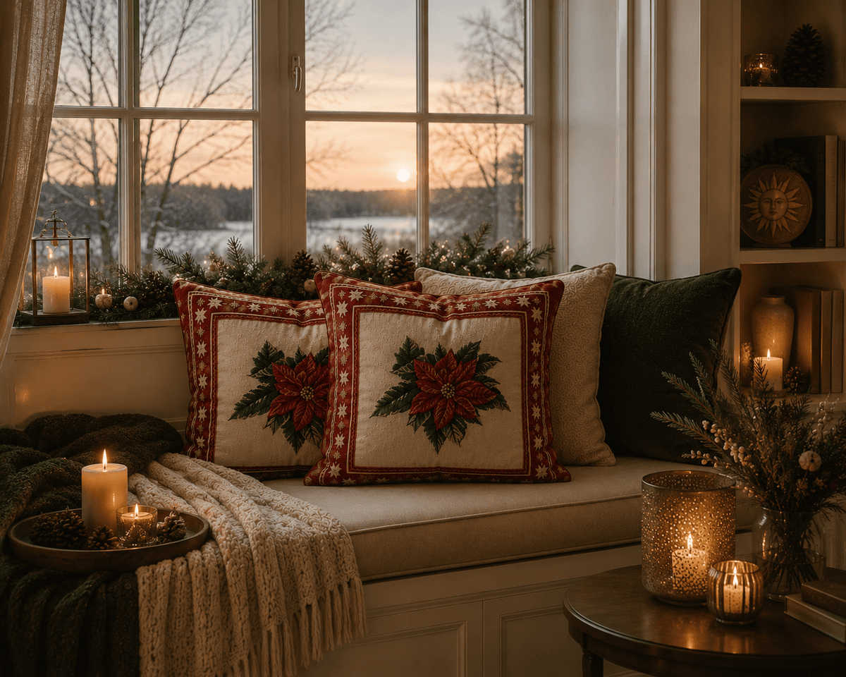 Floral Christmas Cushions: Poinsettia Fabric Pillow Pair - KJ Designs