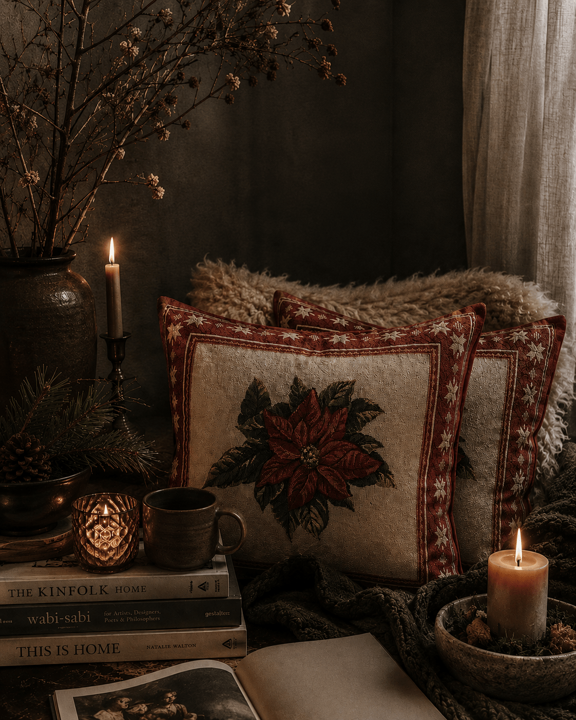 Floral Christmas Cushions: Poinsettia Fabric Pillow Pair - KJ Designs