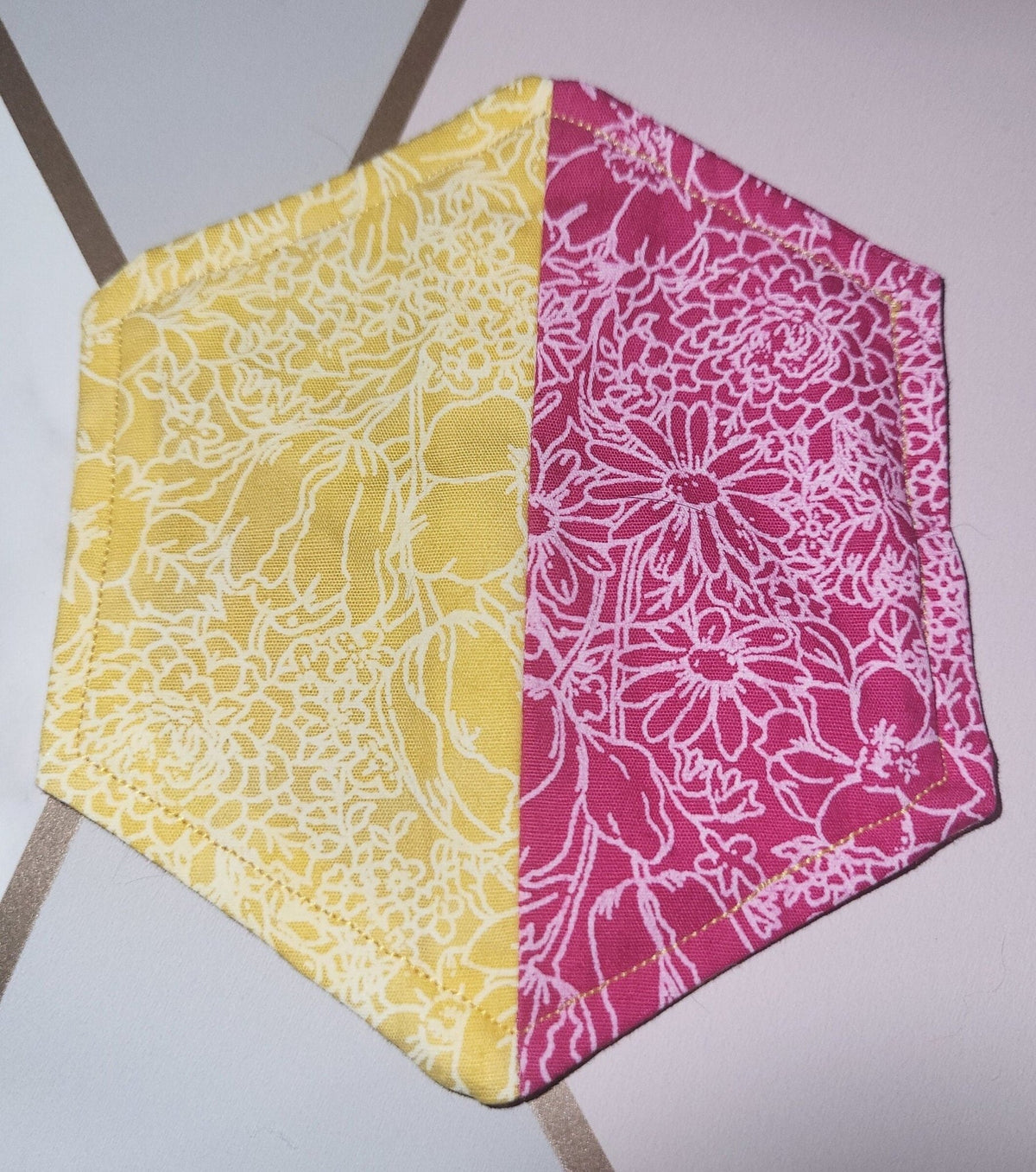 Floral Fabric Coasters: Set of 4 Hexagonal, Yellow & Pink - KJ Designs