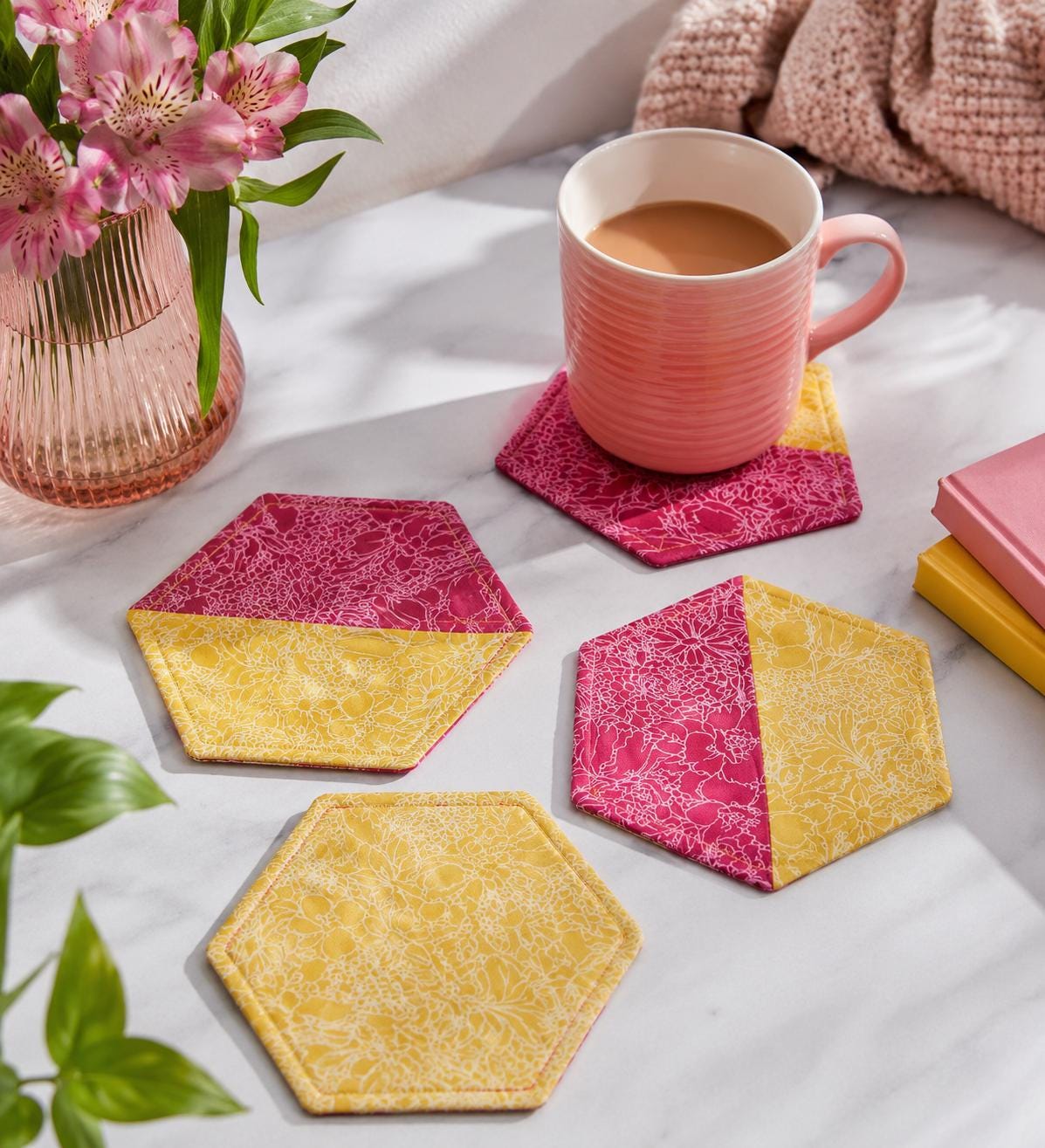 Floral Fabric Coasters: Set of 4 Hexagonal, Yellow & Pink - KJ Designs
