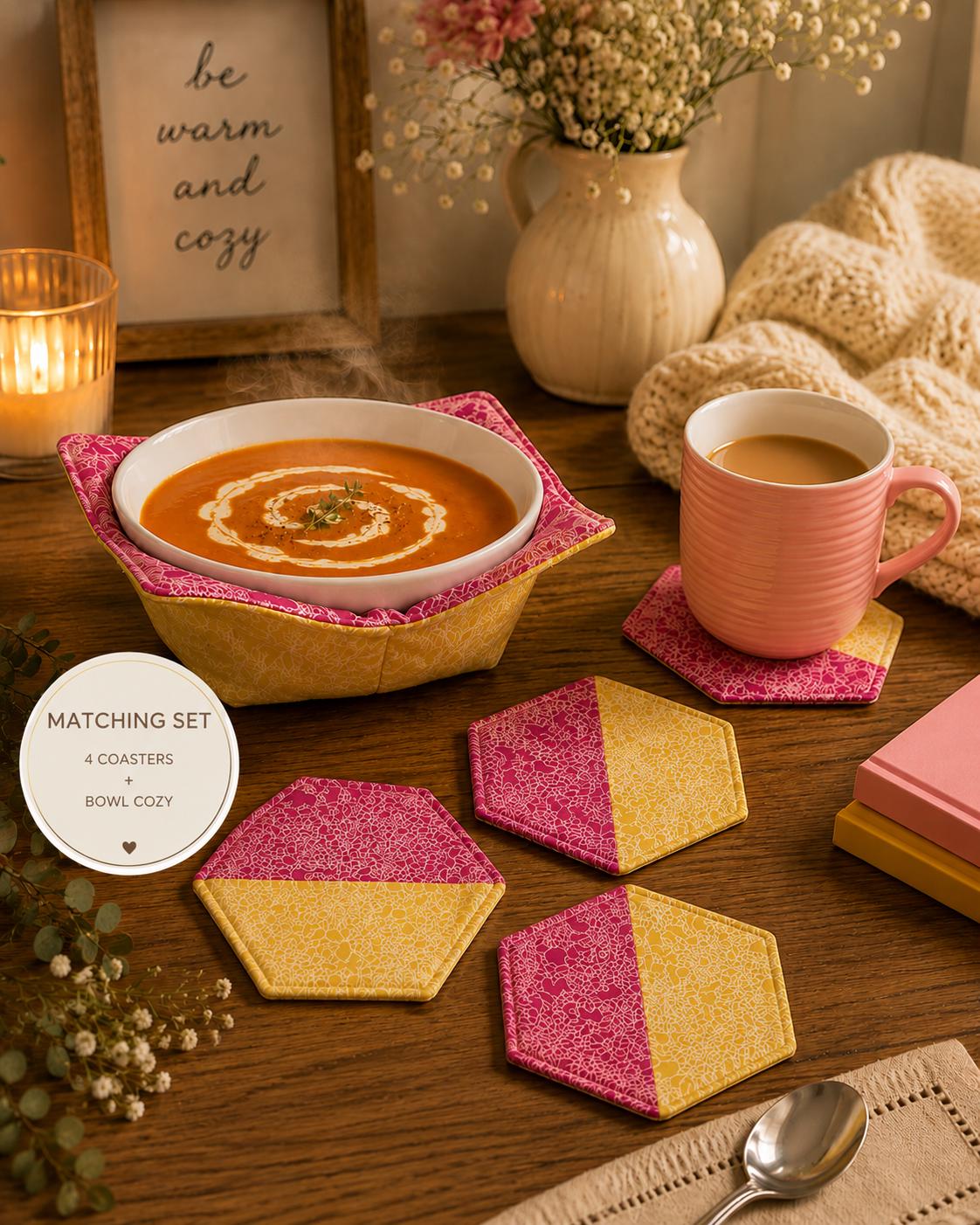 Floral Fabric Coasters: Set of 4 Hexagonal, Yellow & Pink - KJ Designs