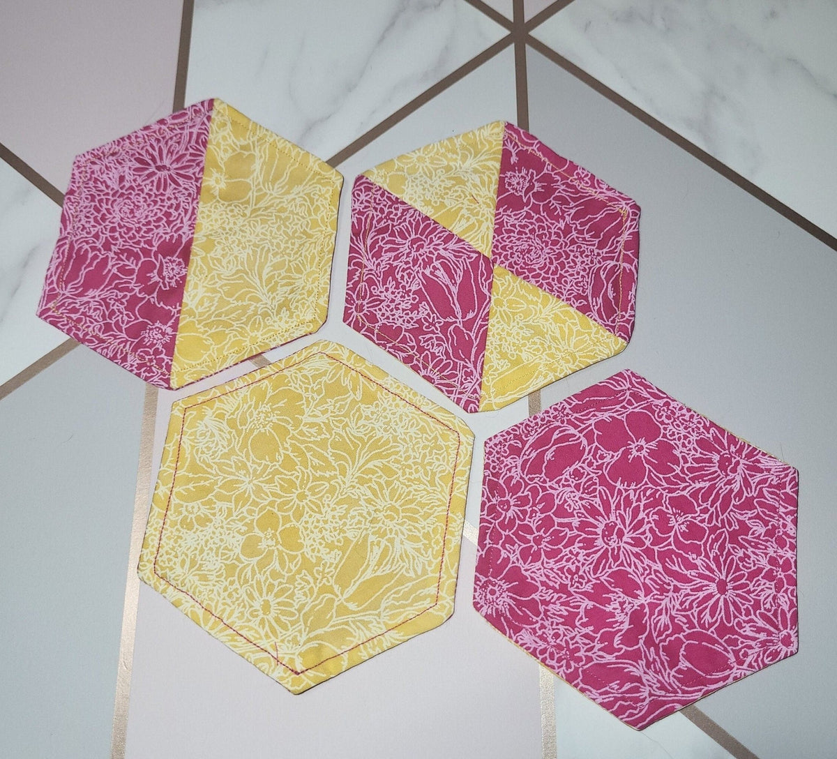 Floral Fabric Coasters: Set of 4 Hexagonal, Yellow & Pink - KJ Designs
