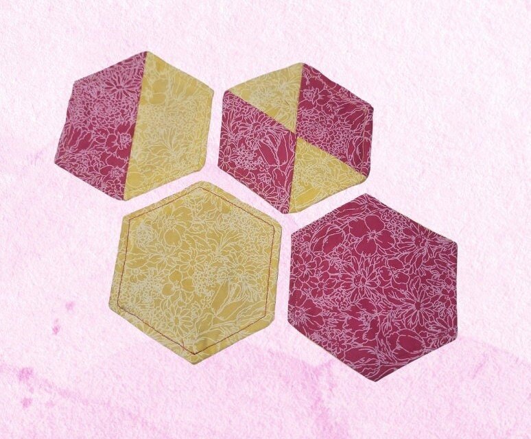 Floral Fabric Coasters: Set of 4 Hexagonal, Yellow & Pink - KJ Designs