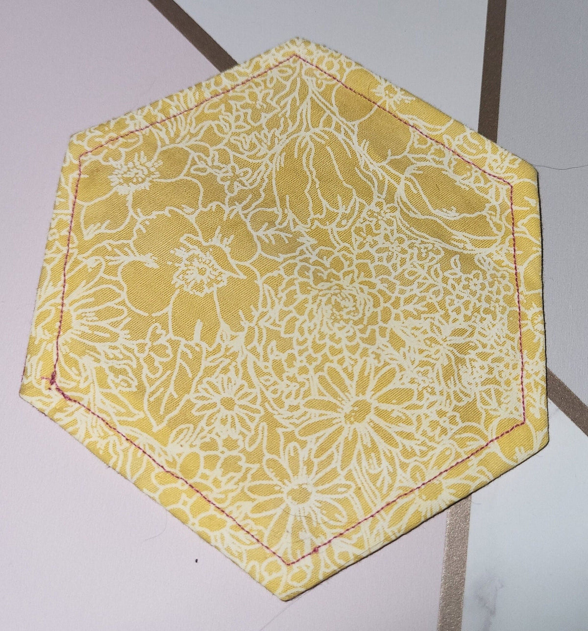 Floral Fabric Coasters: Set of 4 Hexagonal, Yellow & Pink - KJ Designs