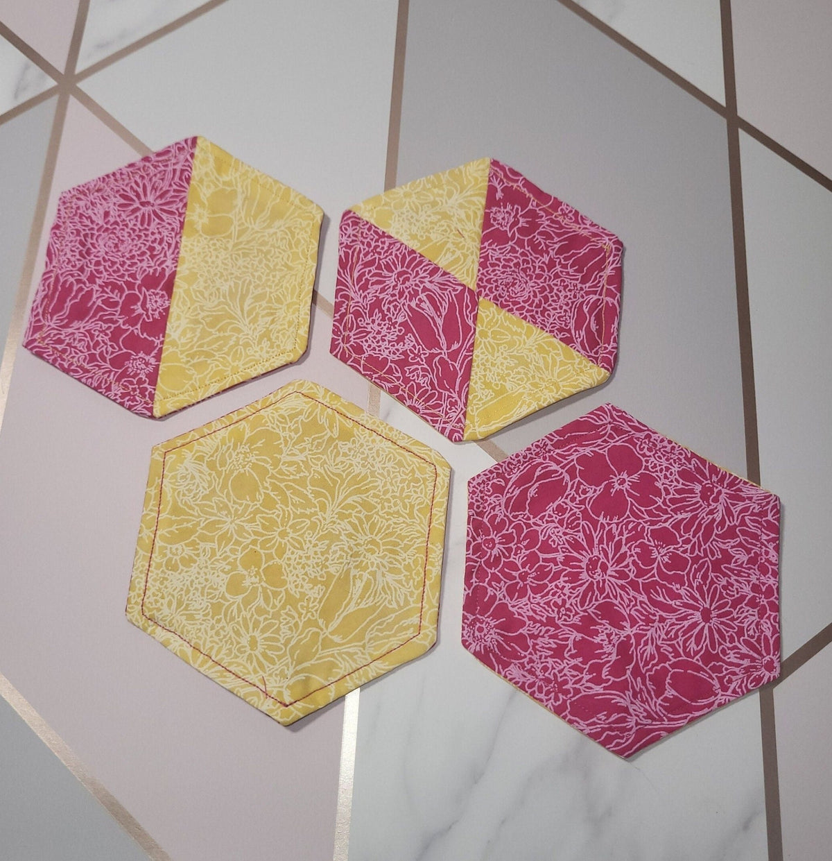 Floral Fabric Coasters: Set of 4 Hexagonal, Yellow & Pink - KJ Designs