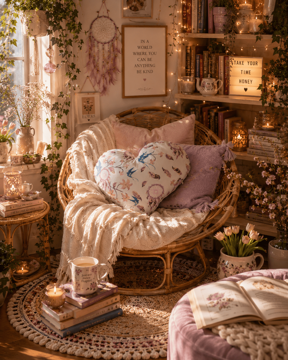Floral Heart Cushion: Bird & Dreamcatcher Print Pillow - KJ Designs