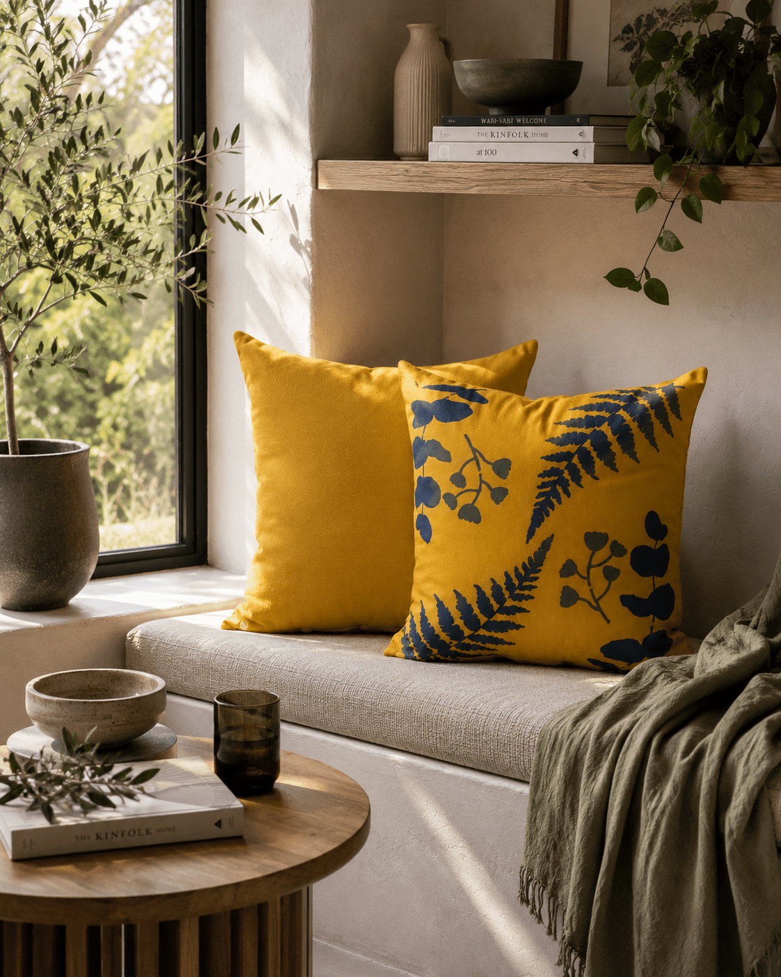 Floral Outdoor Cushions: Hand-Printed Yellow & Blue Water-Resistant Pillows - KJ Designs