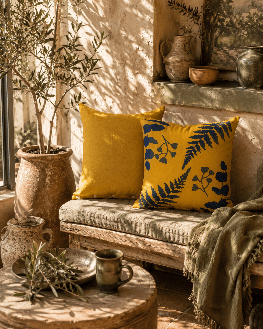 Floral Outdoor Cushions: Hand-Printed Yellow & Blue Water-Resistant Pillows - KJ Designs