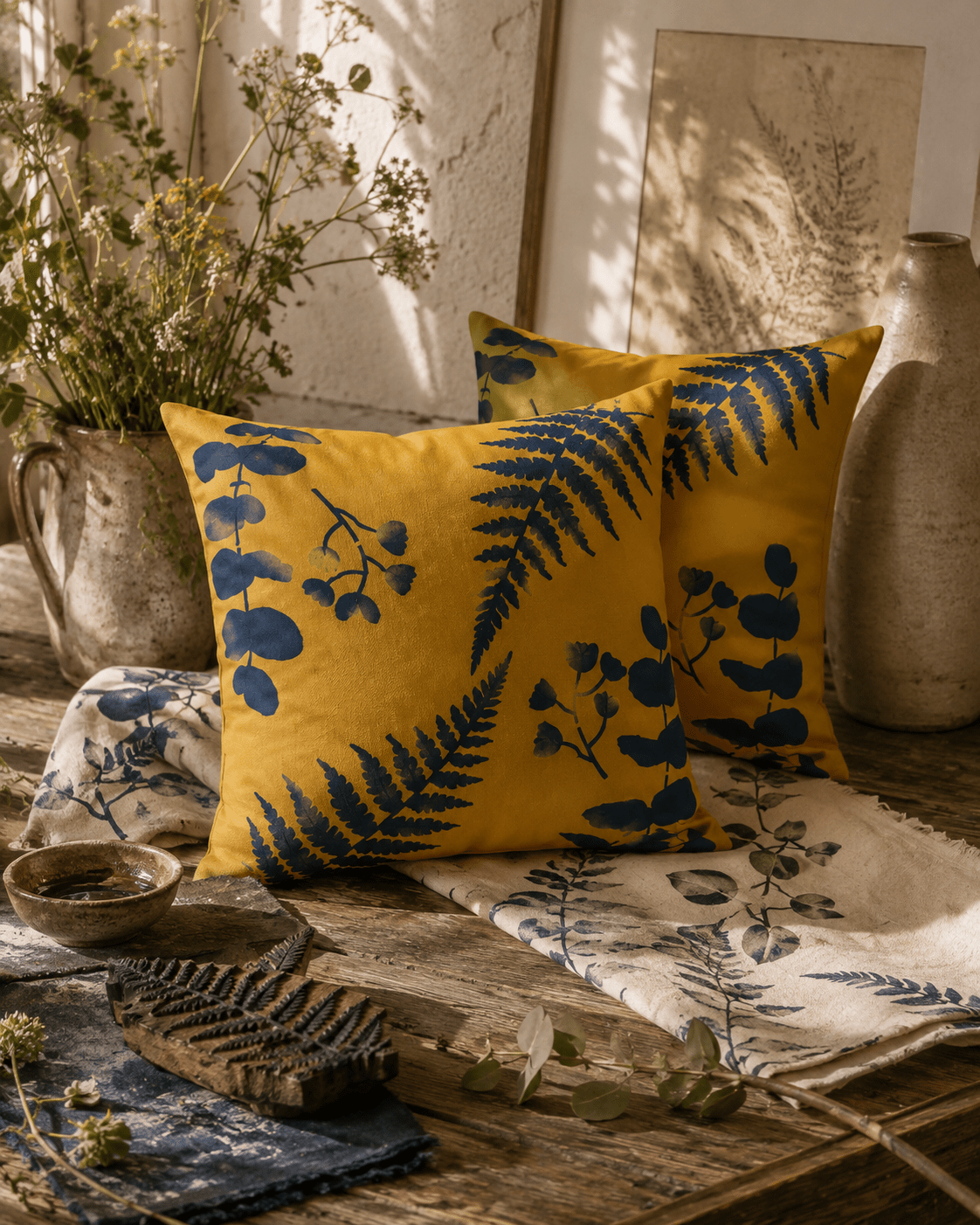 Floral Outdoor Cushions: Hand-Printed Yellow & Blue Water-Resistant Pillows - KJ Designs