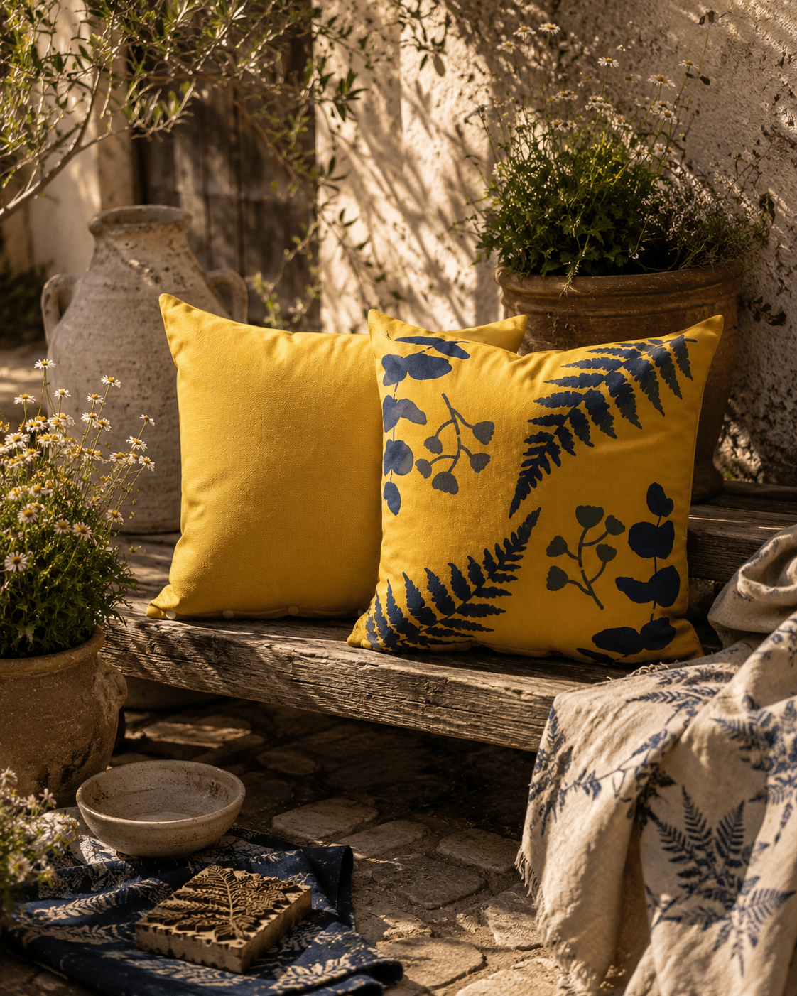 Floral Outdoor Cushions: Hand-Printed Yellow & Blue Water-Resistant Pillows - KJ Designs