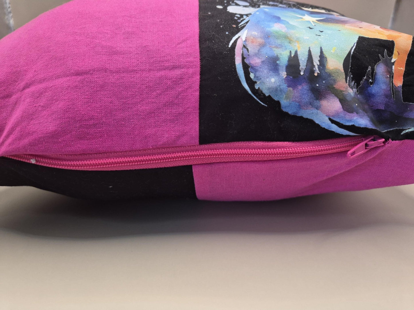 Galaxy Wolf Patchwork Cushion Cover – Pink Celestial Sofa Decor (25x25cm) - KJ Designs