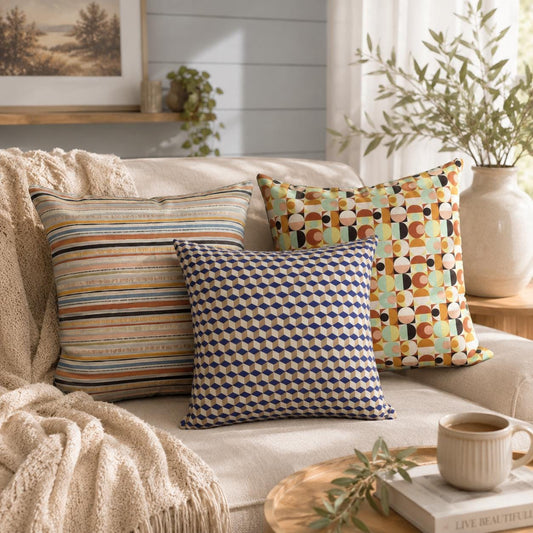 Geometric Print Cotton Cushion: Rustic Autumn Decor (40x40cm) - KJ Designs