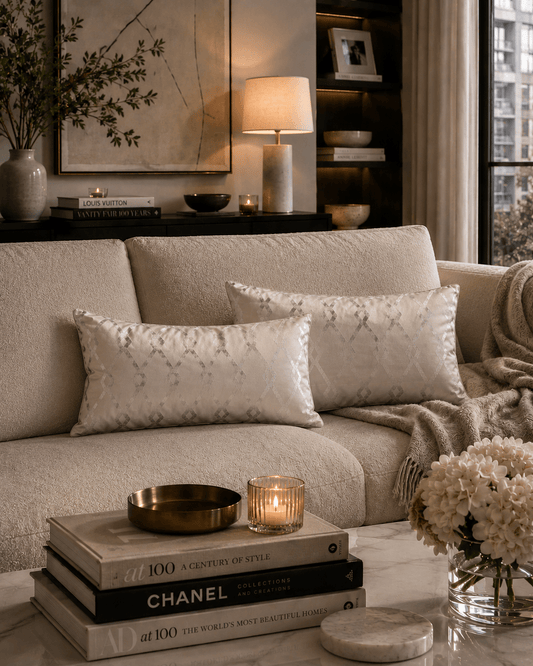 Geometric Silver Grey Cushions: Minimalist Home Decor, Rectangle Pillow Pair - KJ Designs