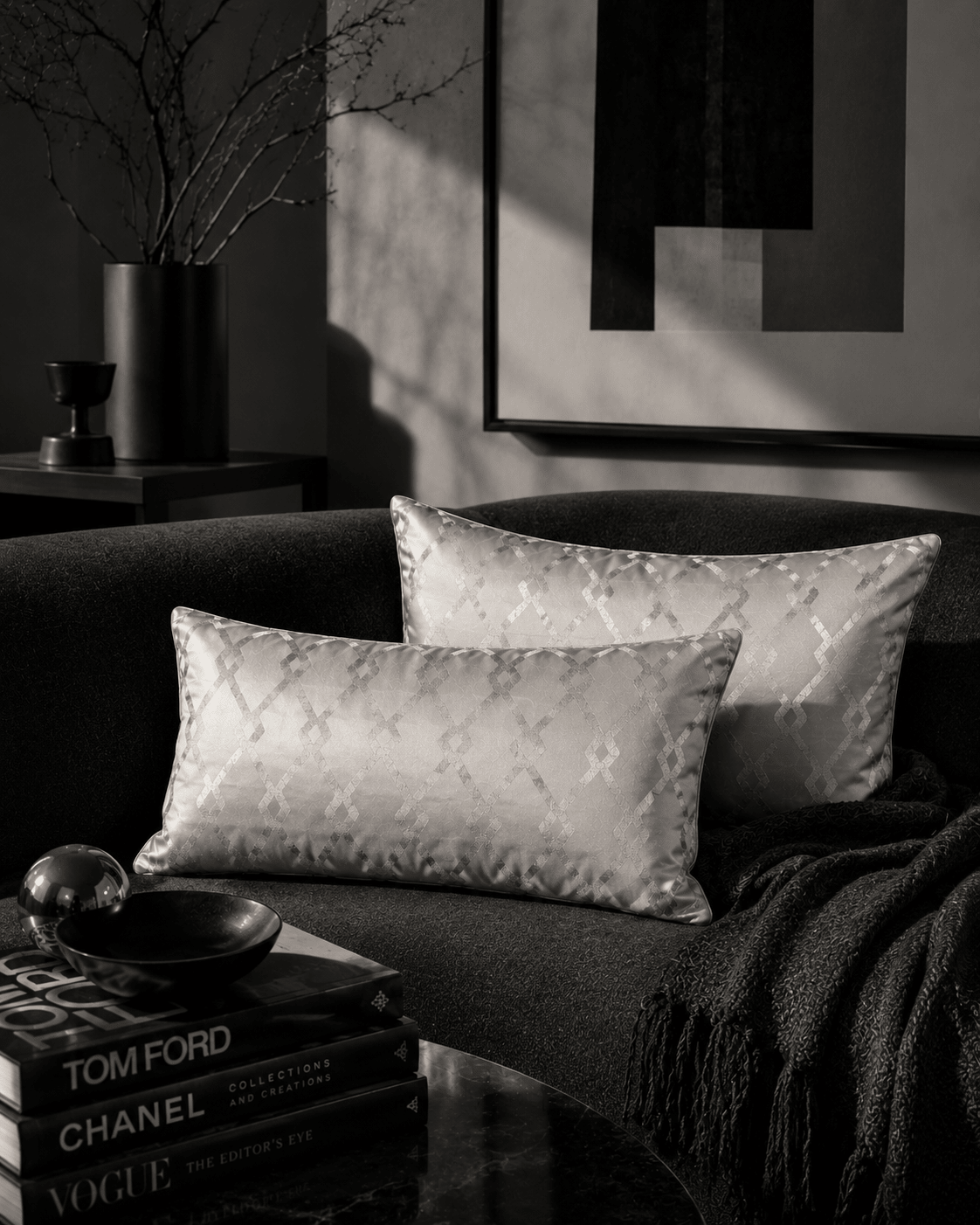 Geometric Silver Grey Cushions: Minimalist Home Decor, Rectangle Pillow Pair - KJ Designs