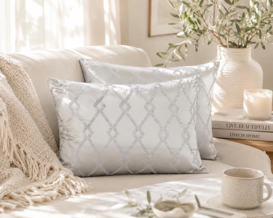 Geometric Silver Grey Cushions: Minimalist Home Decor, Rectangle Pillow Pair - KJ Designs