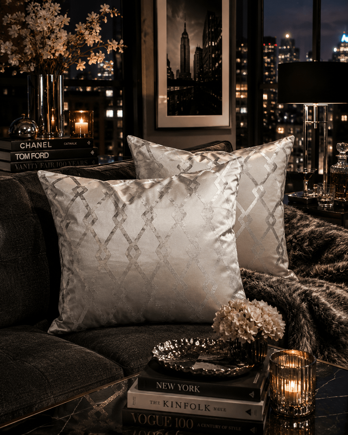 Geometric Silver Grey Cushions: Minimalist Home Decor, Rectangle Pillow Pair - KJ Designs