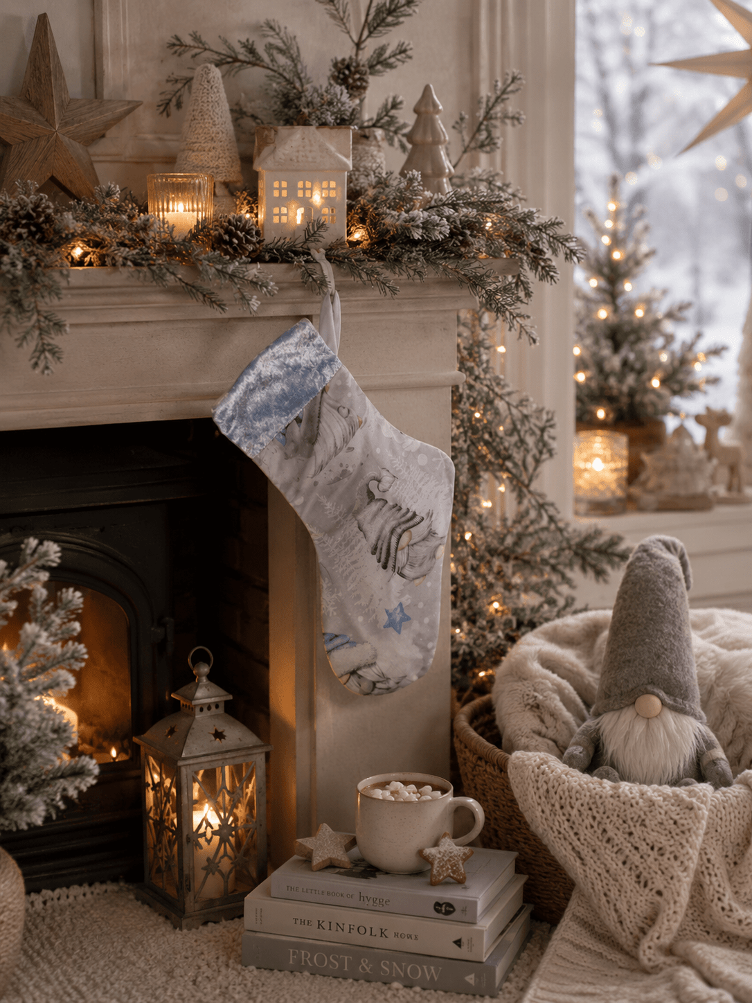 Gonk Fabric Christmas Stocking: Blue Velvet Trim, Festive Decor - KJ Designs