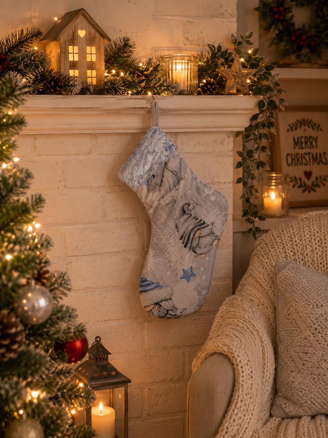 Gonk Fabric Christmas Stocking: Blue Velvet Trim, Festive Decor - KJ Designs