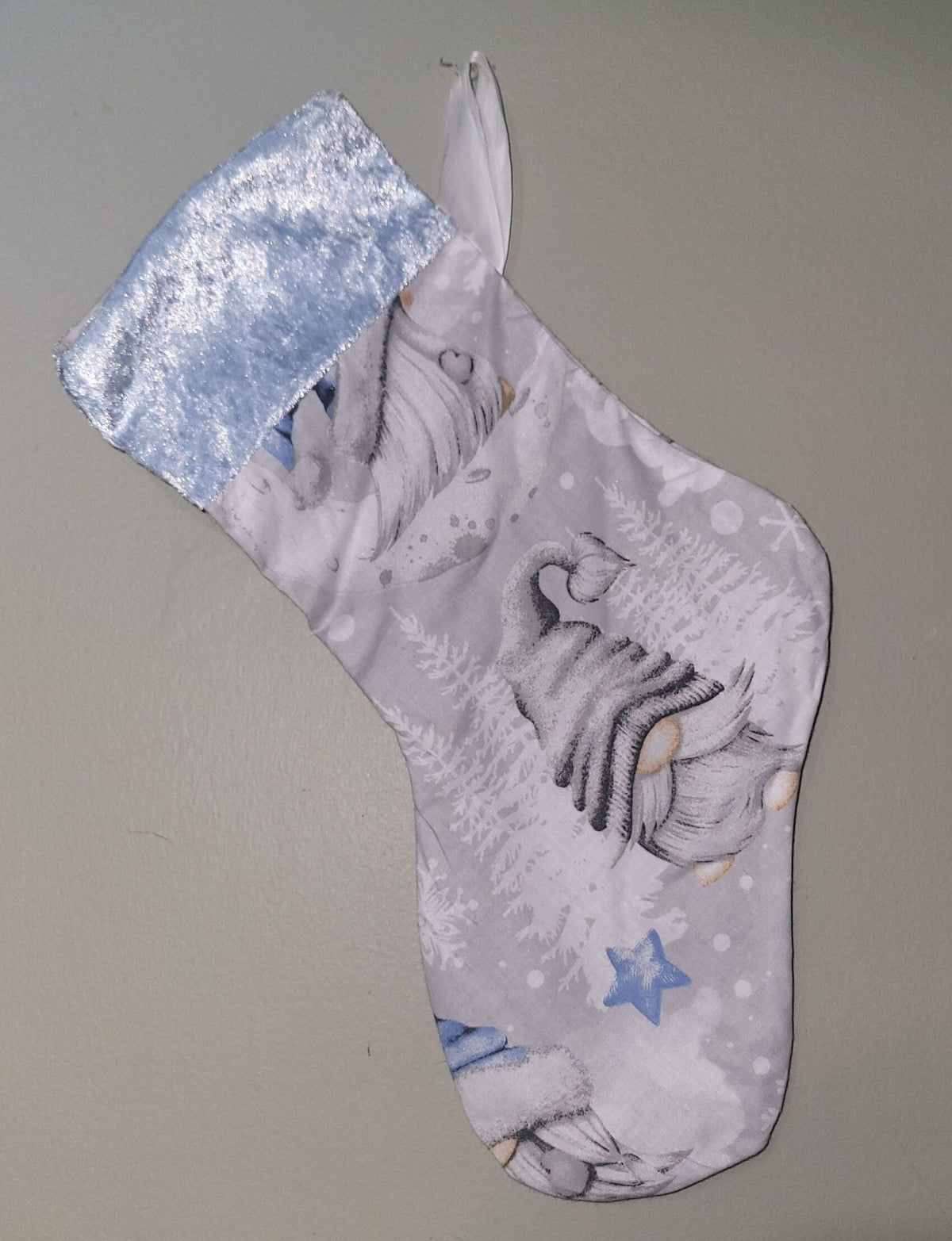 Gonk Fabric Christmas Stocking: Blue Velvet Trim, Festive Decor - KJ Designs