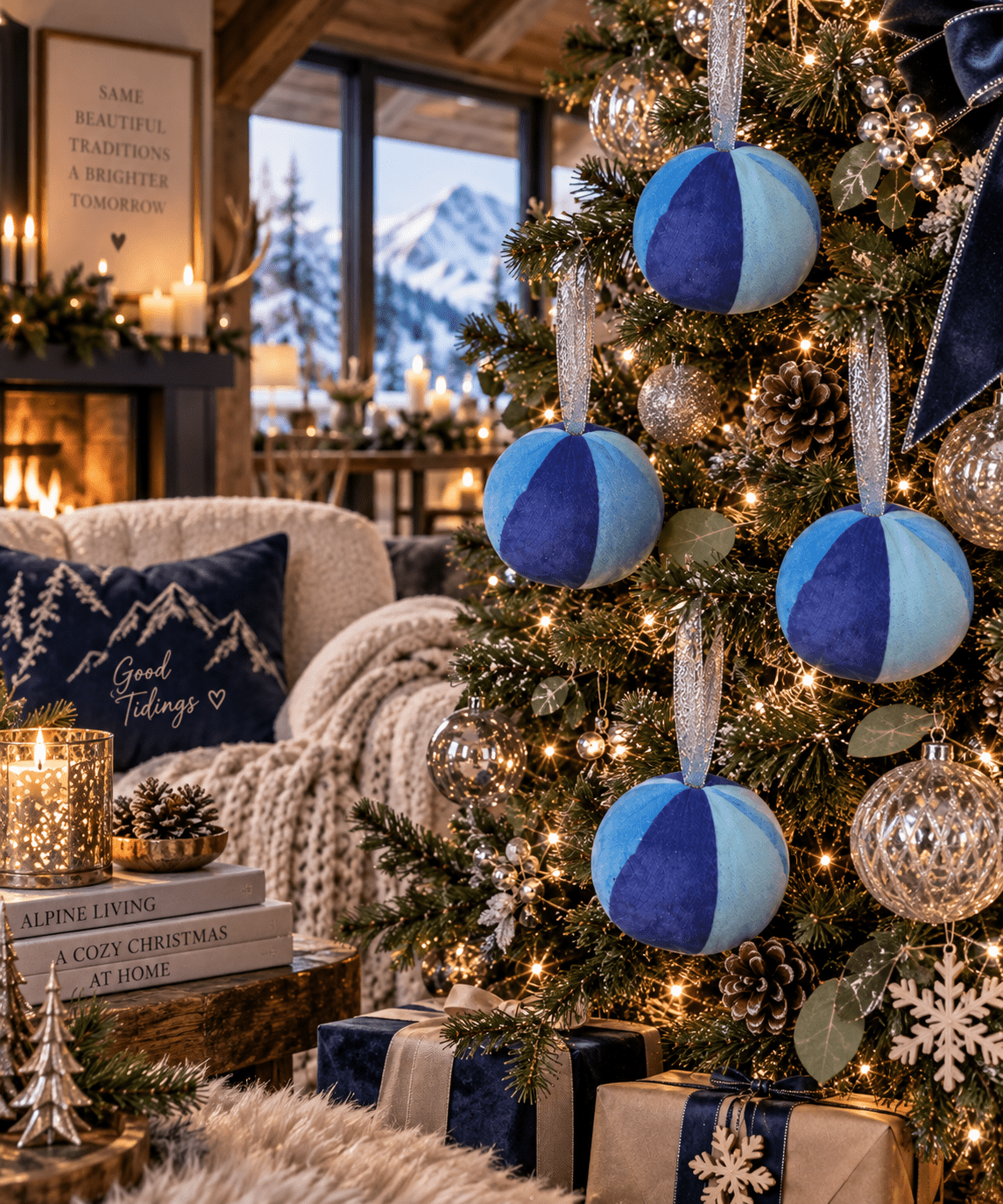 Hand-Dyed Blue Fabric Christmas Baubles: Eco-Friendly Ornament Set - KJ Designs