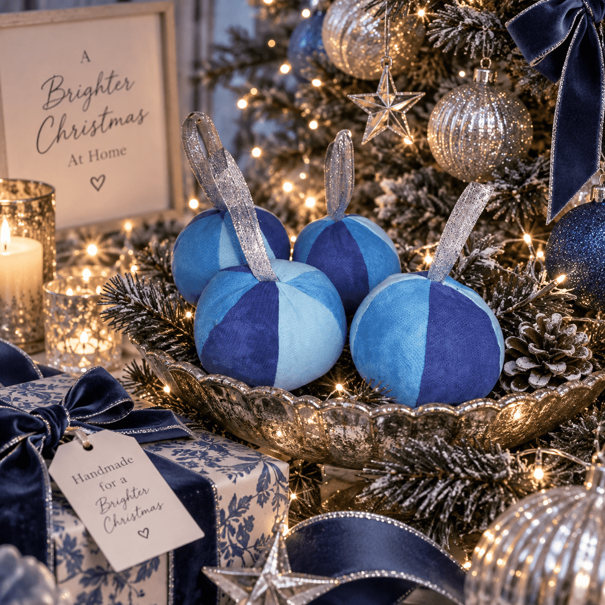 Hand-Dyed Blue Fabric Christmas Baubles: Eco-Friendly Ornament Set - KJ Designs