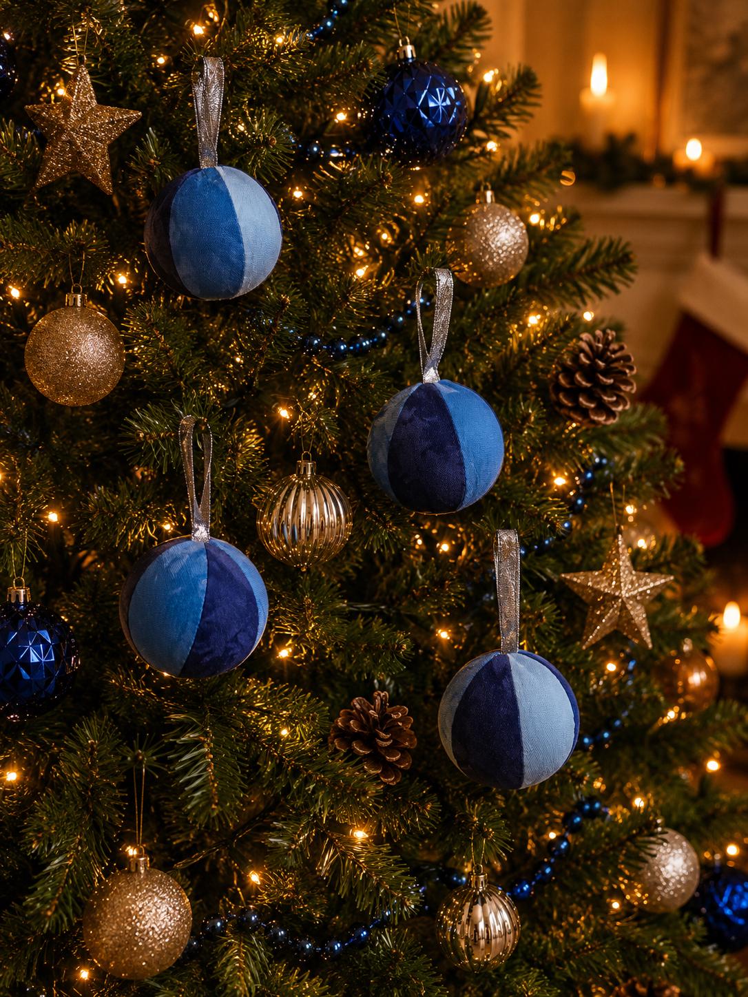 Hand-Dyed Blue Fabric Christmas Baubles: Eco-Friendly Ornament Set - KJ Designs