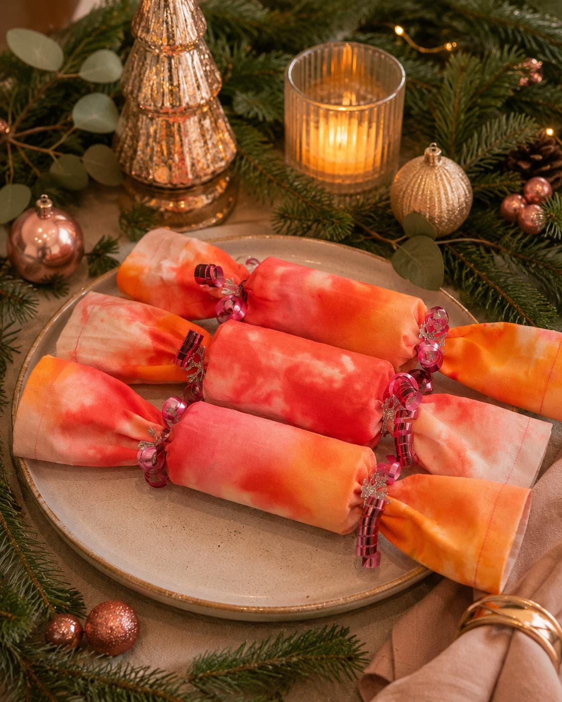 Hand-Dyed Fabric Christmas Crackers: Eco-Friendly Holiday Decor (Set of Three) - KJ Designs