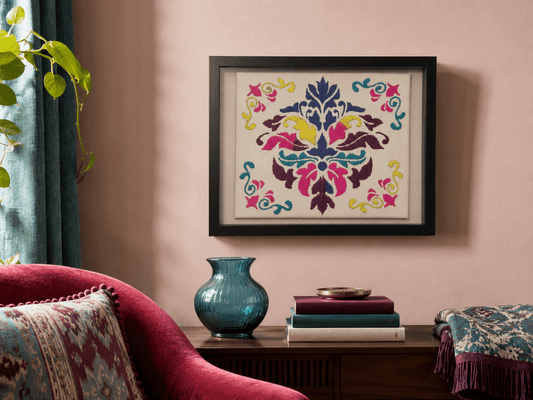 Hand-Embroidered Folk Floral Wall Art – Framed - KJ Designs