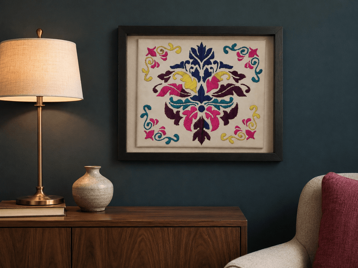 Hand-Embroidered Folk Floral Wall Art – Framed - KJ Designs