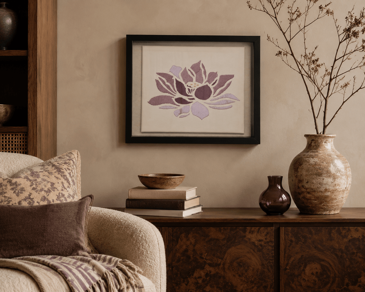 Hand-Embroidered Lilac Lotus Wall Art – Framed - KJ Designs