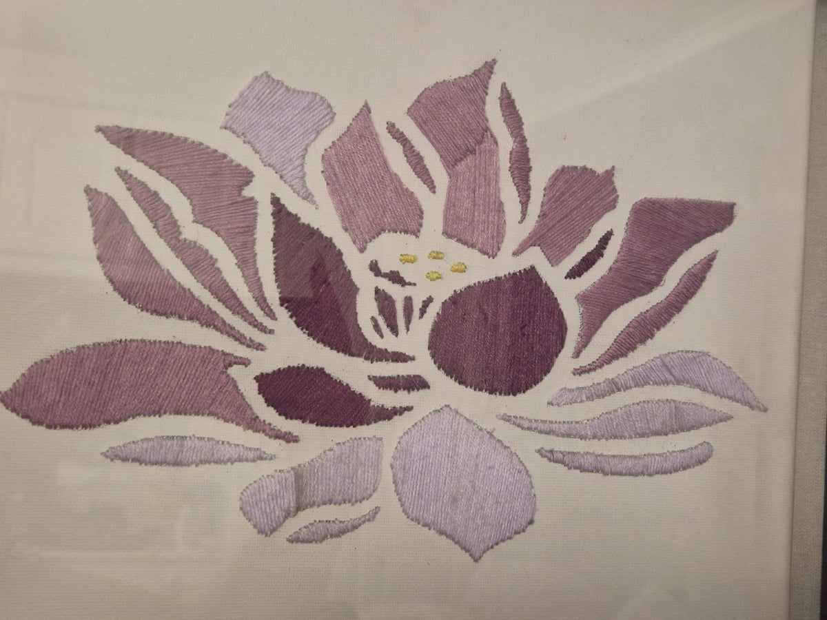 Hand-Embroidered Lilac Lotus Wall Art – Framed - KJ Designs