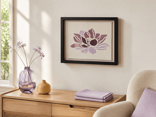Hand-Embroidered Lilac Lotus Wall Art – Framed - KJ Designs