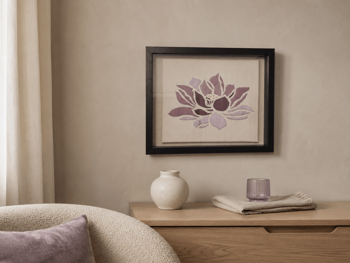 Hand-Embroidered Lilac Lotus Wall Art – Framed - KJ Designs