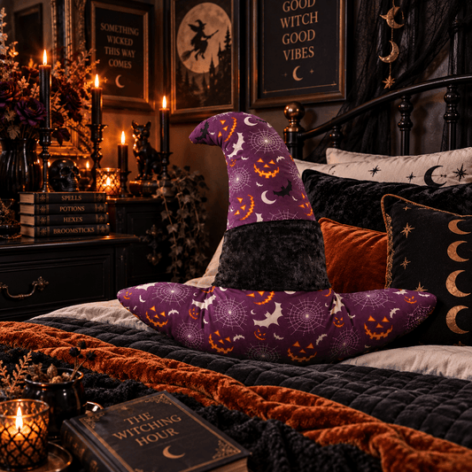 Handcrafted Purple Witch Hat Cushion: Halloween Accent Pillow - KJ Designs