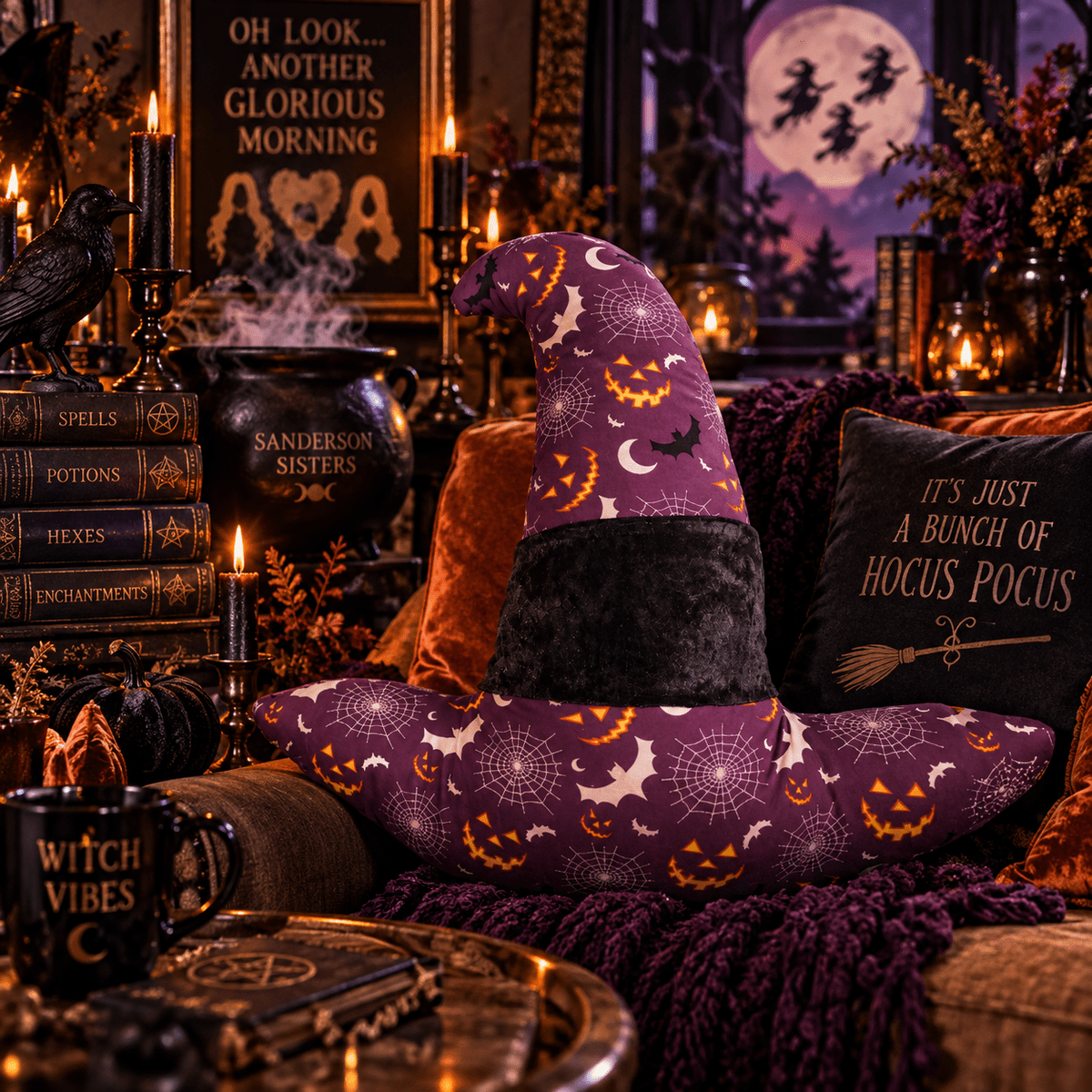Handcrafted Purple Witch Hat Cushion: Halloween Accent Pillow - KJ Designs