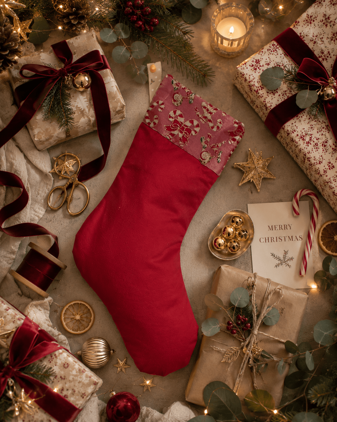 Handmade Christmas Stocking: Red Candy Cane Fabric, Silver Velvet Trim - KJ Designs