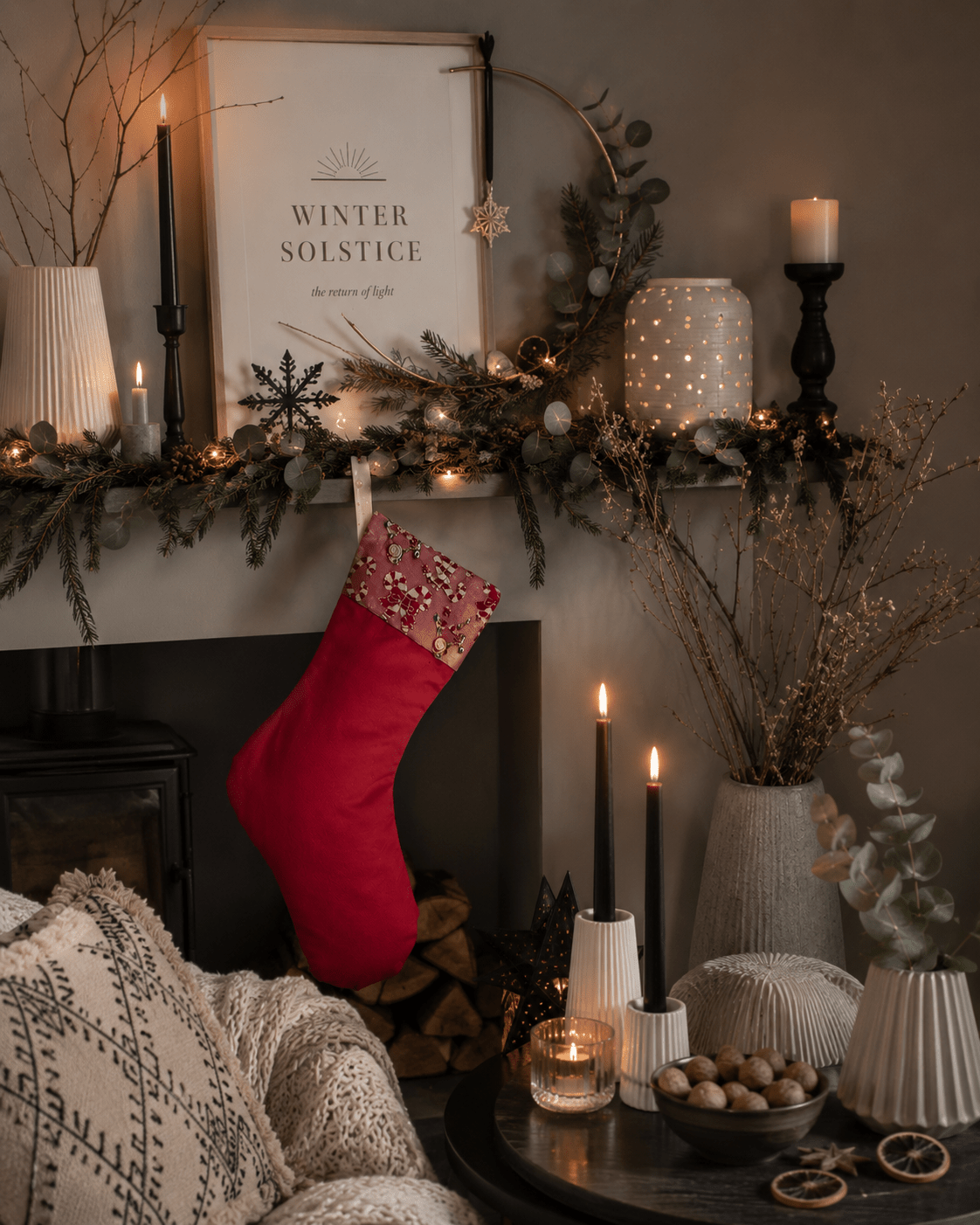 Handmade Christmas Stocking: Red Candy Cane Fabric, Silver Velvet Trim - KJ Designs