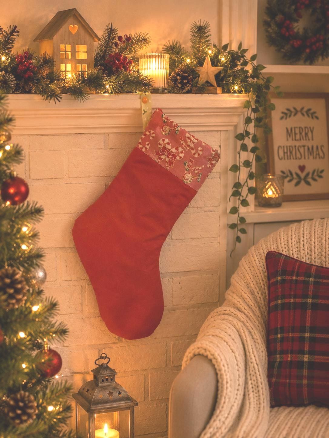 Handmade Christmas Stocking: Red Candy Cane Fabric, Silver Velvet Trim - KJ Designs