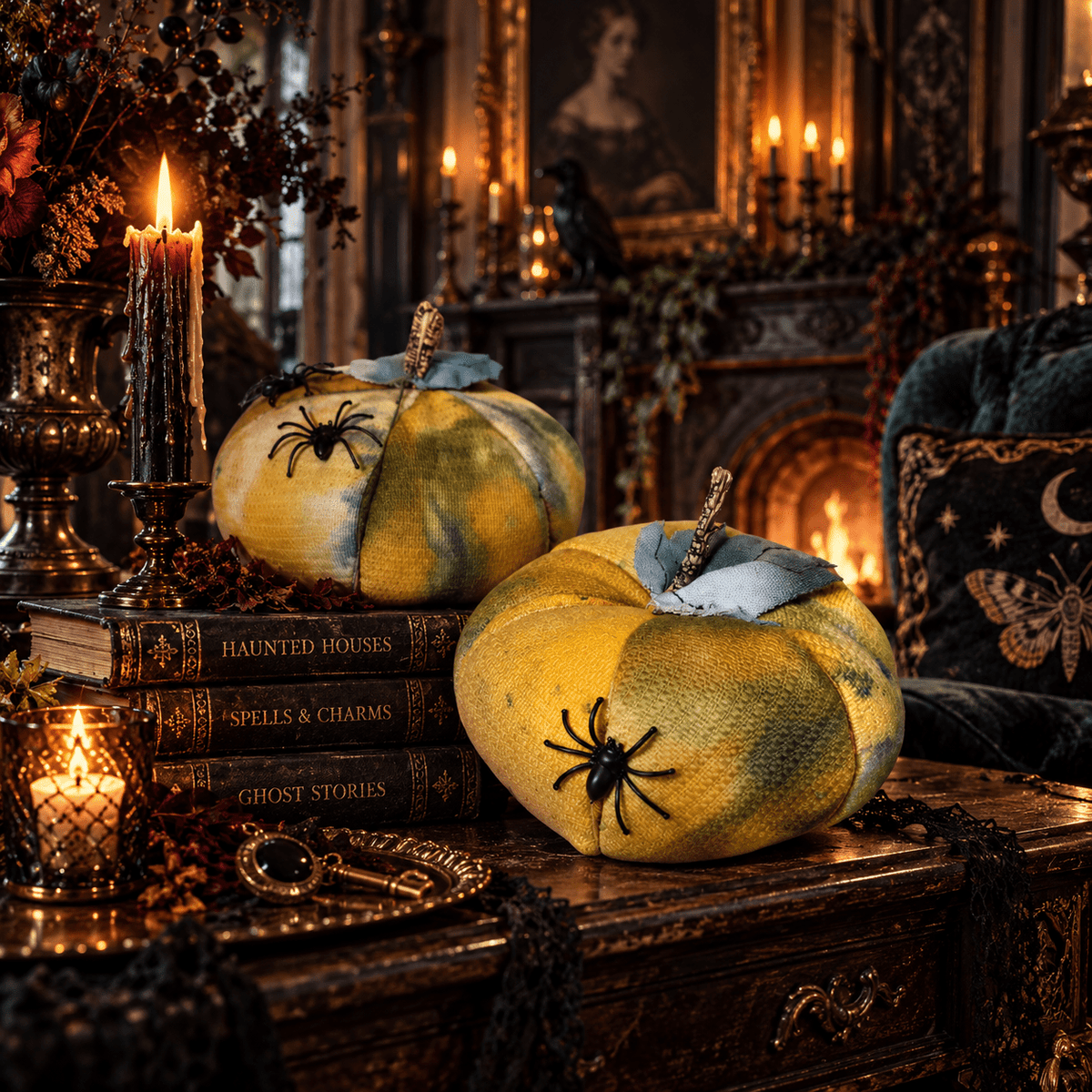 Handmade Halloween Fabric Pumpkins with Spiders: Spooky Season Decor - KJ Designs