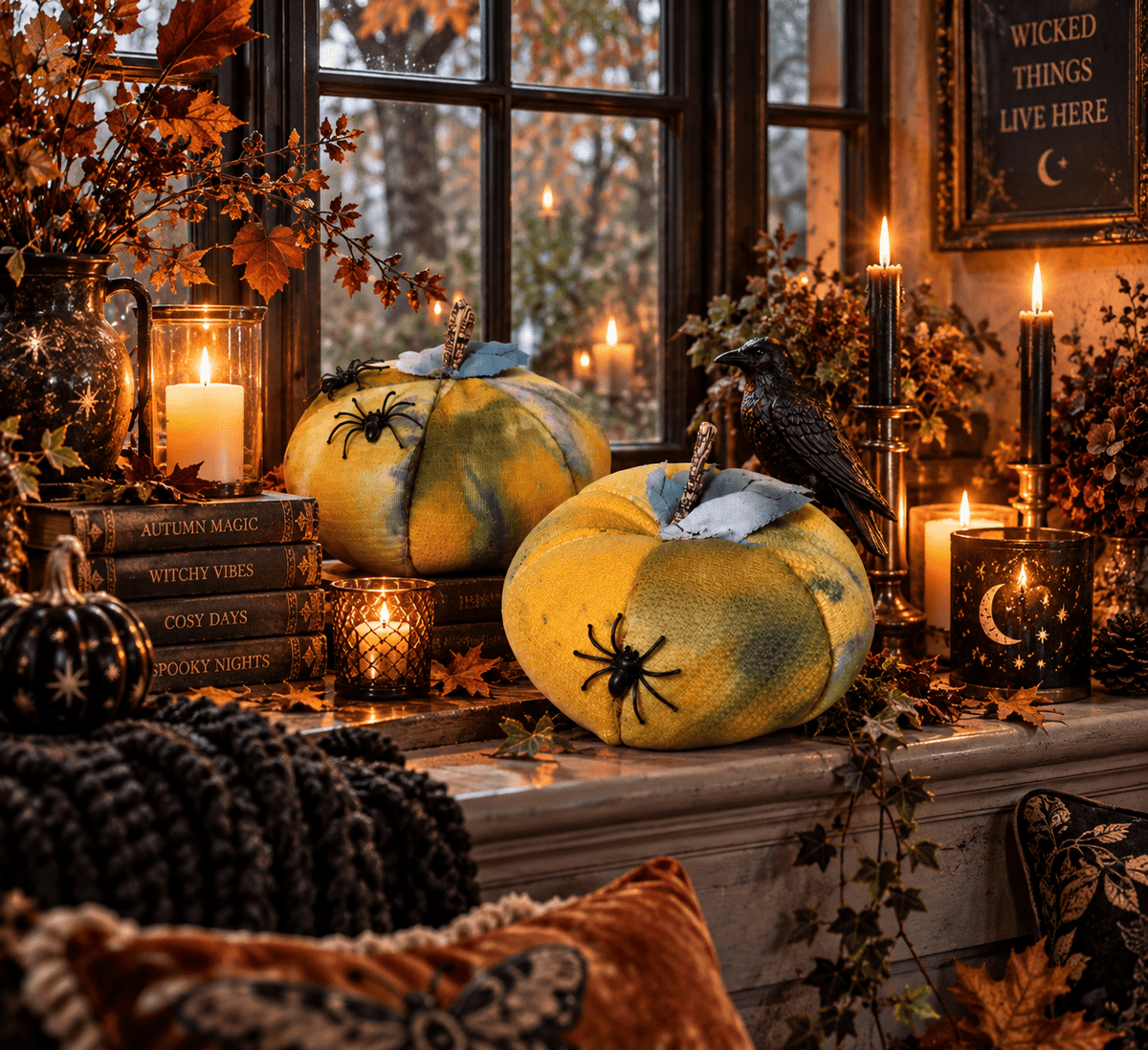 Handmade Halloween Fabric Pumpkins with Spiders: Spooky Season Decor - KJ Designs
