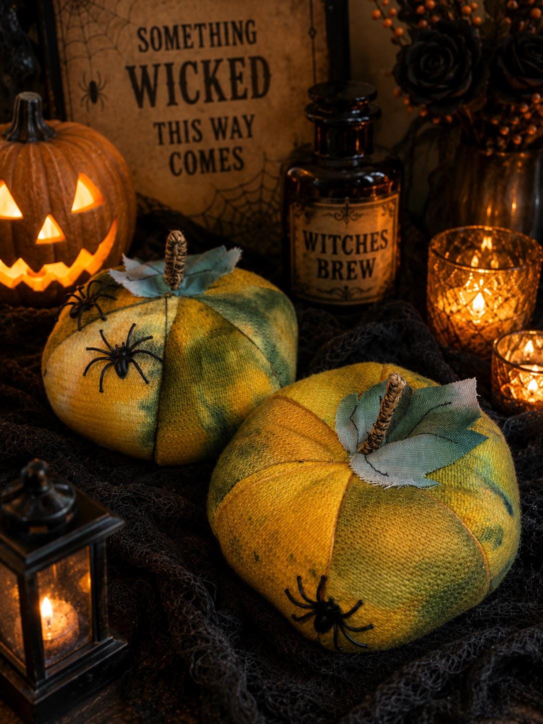 Handmade Halloween Fabric Pumpkins with Spiders: Spooky Season Decor - KJ Designs