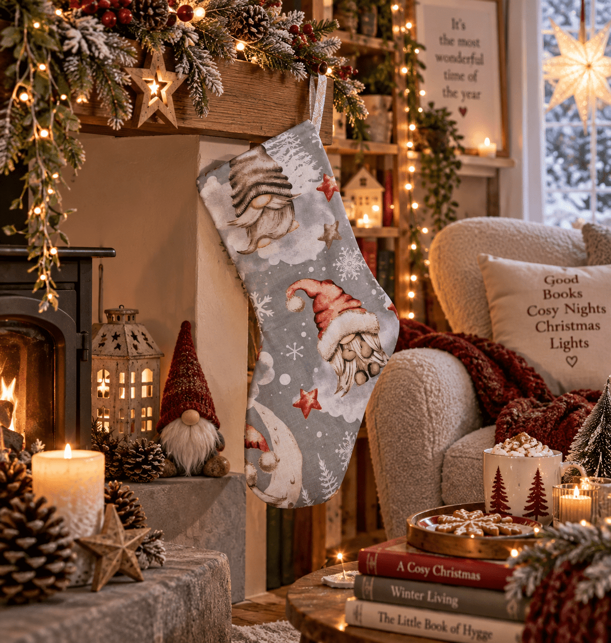 Handmade Nordic Christmas Gnome Stocking – Grey & Red - KJ Designs