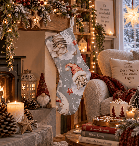 Handmade Nordic Christmas Gnome Stocking – Grey & Red - KJ Designs