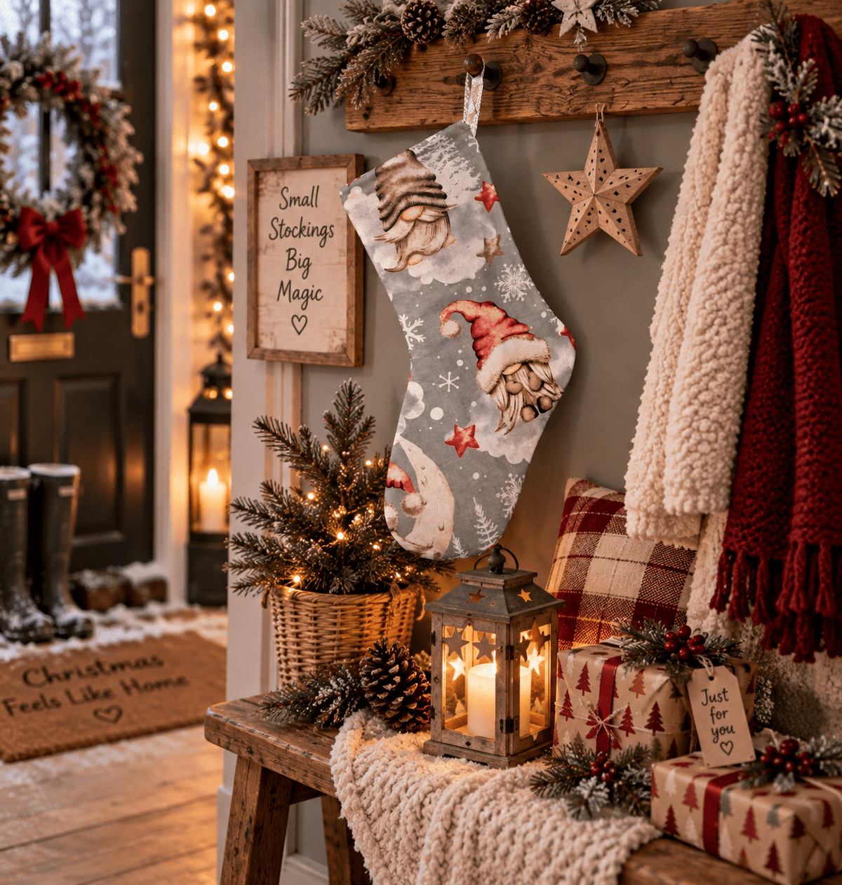 Handmade Nordic Christmas Gnome Stocking – Grey & Red - KJ Designs