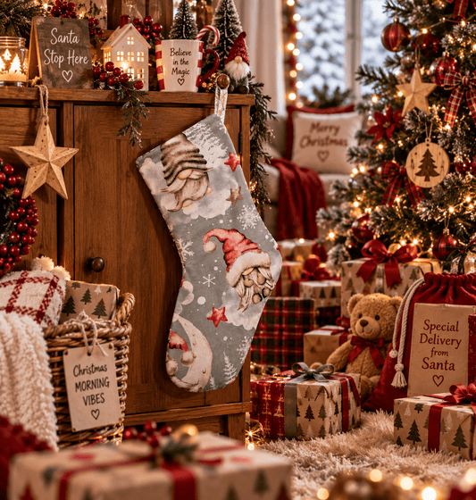Handmade Nordic Christmas Gnome Stocking – Grey & Red - KJ Designs
