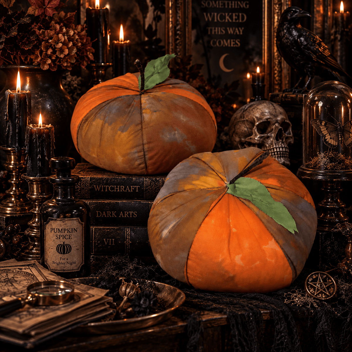 Handmade Orange Fabric Pumpkins: Halloween Spooky Decor (Set of 2) - KJ Designs