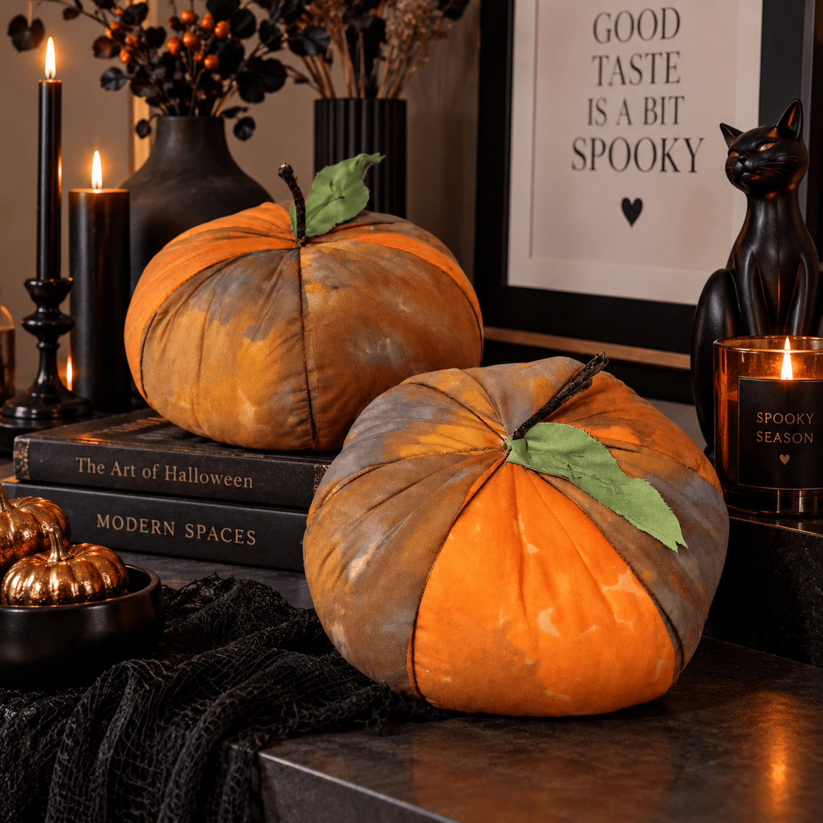 Handmade Orange Fabric Pumpkins: Halloween Spooky Decor (Set of 2) - KJ Designs