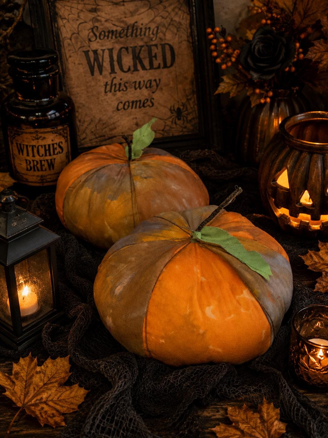 Handmade Orange Fabric Pumpkins: Halloween Spooky Decor (Set of 2) - KJ Designs