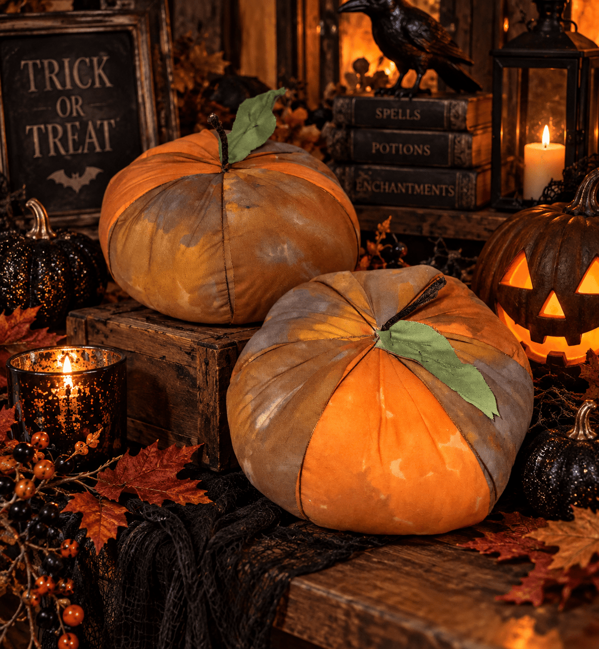 Handmade Orange Fabric Pumpkins: Halloween Spooky Decor (Set of 2) - KJ Designs