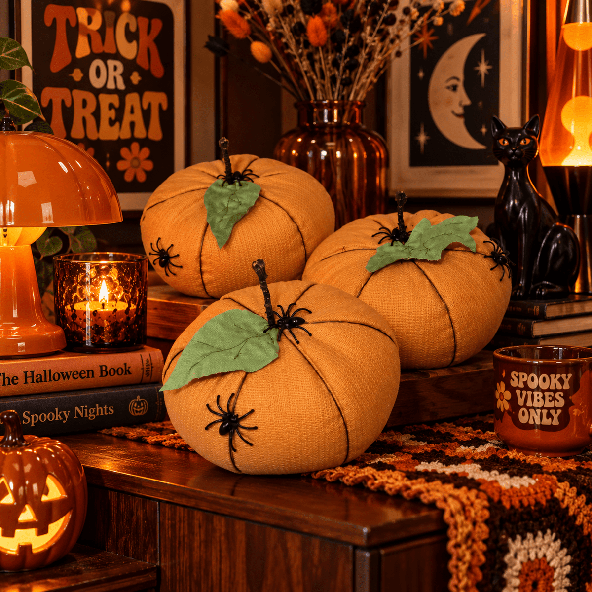 Handmade Orange Halloween Pumpkins: Spooky Spider Decor, Set of 3 - KJ Designs